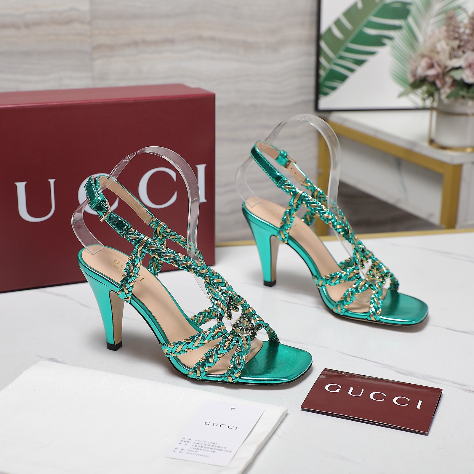 Gucci Crystal-Embellished Braided Heeled Sandals in Metallic Green 5 a1746360961036 6172