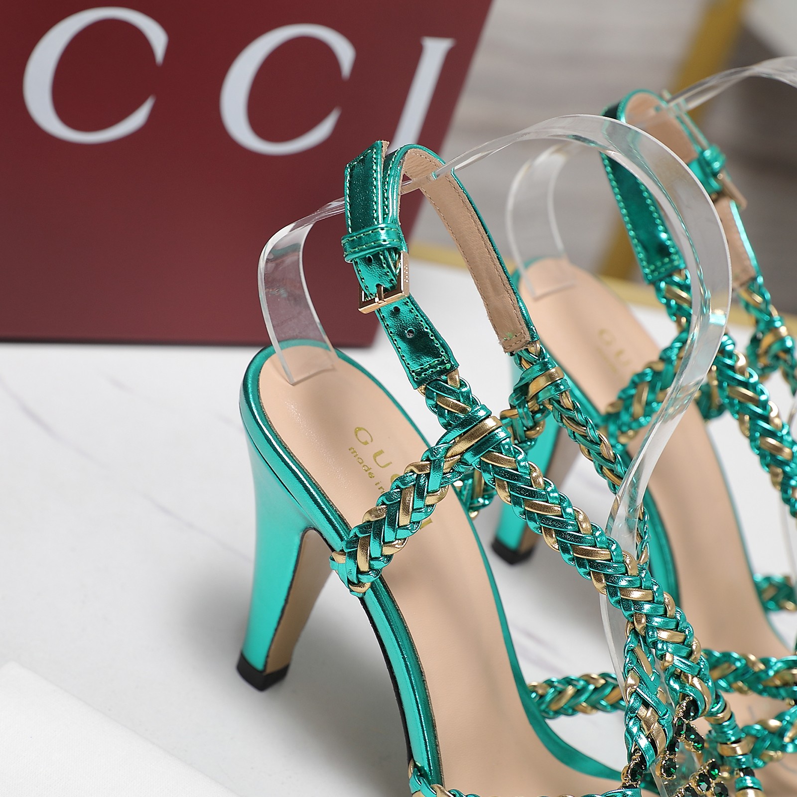 Gucci Crystal-Embellished Braided Heeled Sandals in Metallic Green 7 a1746360961047 1344