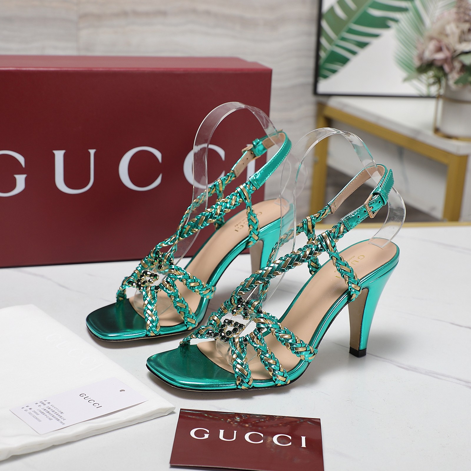 Gucci Crystal-Embellished Braided Heeled Sandals in Metallic Green 10 a1746360961050 0344