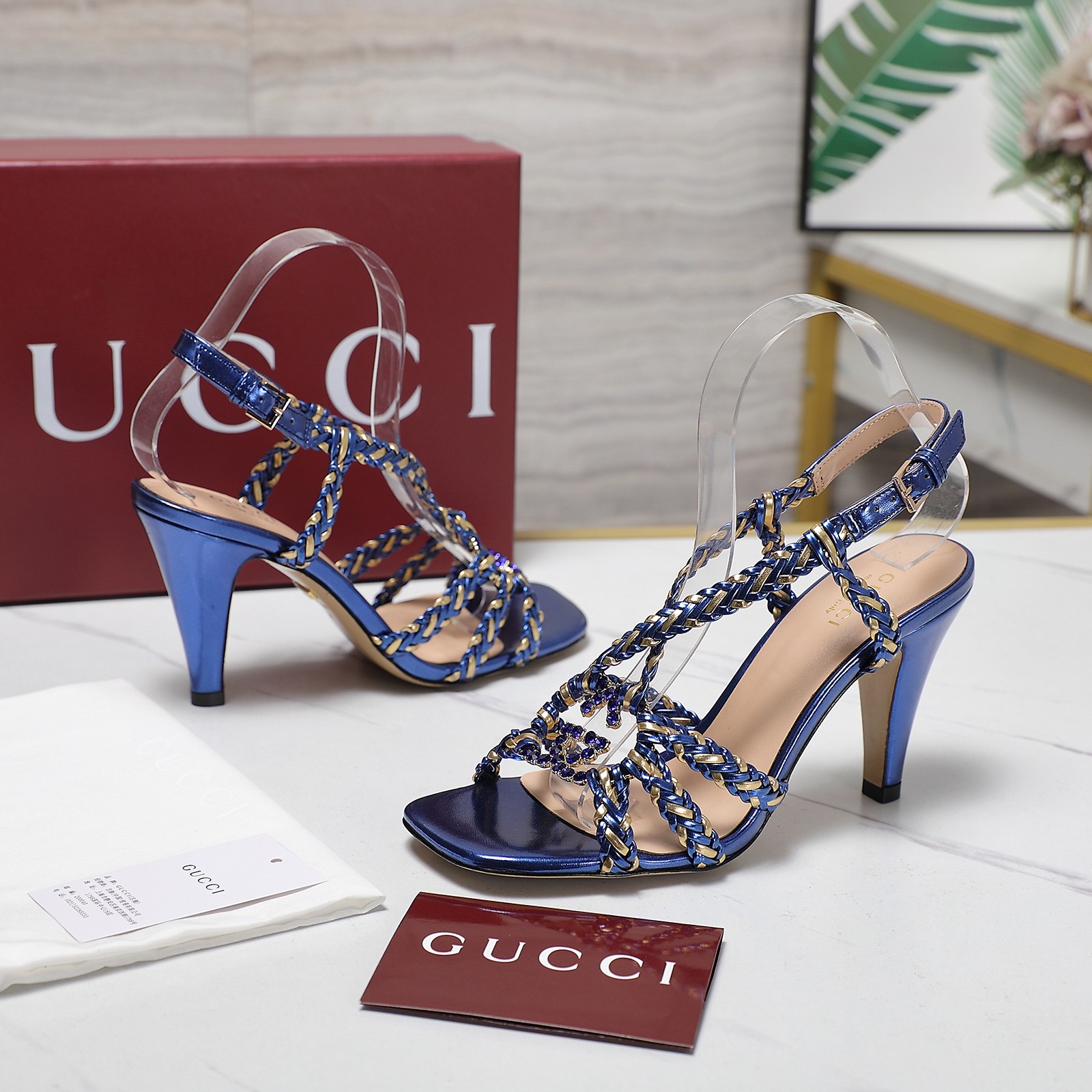 Gucci Crystal-Embellished Braided Strap Heeled Sandals,Blue, Elegant Design 3 a1746361012805 7321