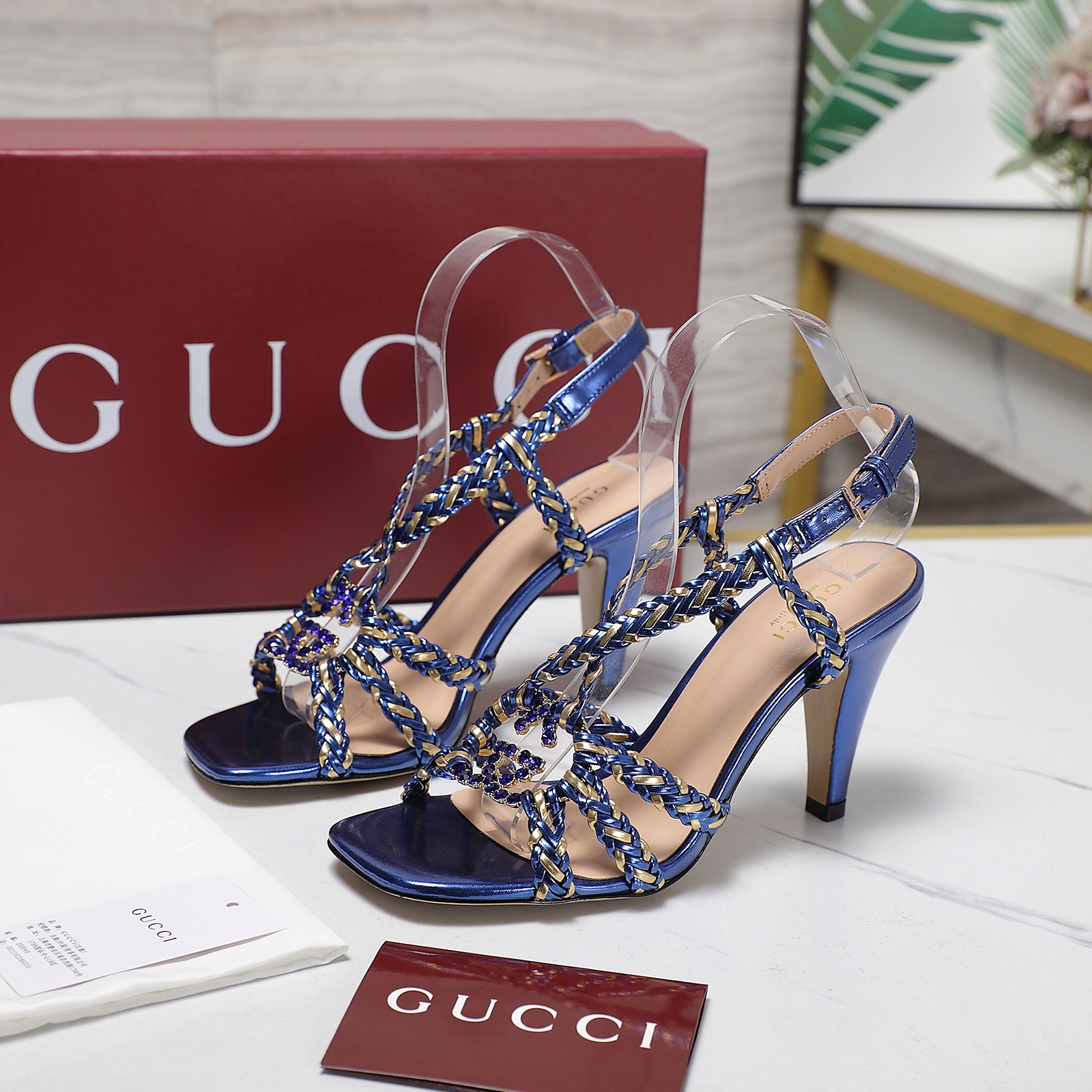 Gucci Crystal-Embellished Braided Strap Heeled Sandals,Blue, Elegant Design 4 a1746361012820 5277