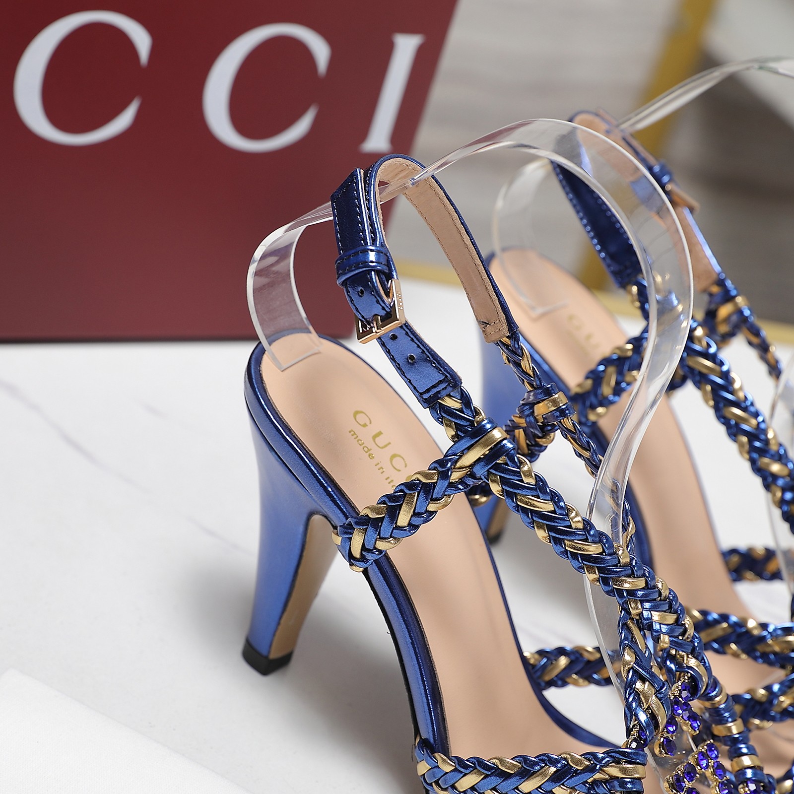 Gucci Crystal-Embellished Braided Strap Heeled Sandals,Blue, Elegant Design 9 a1746361012821 1284