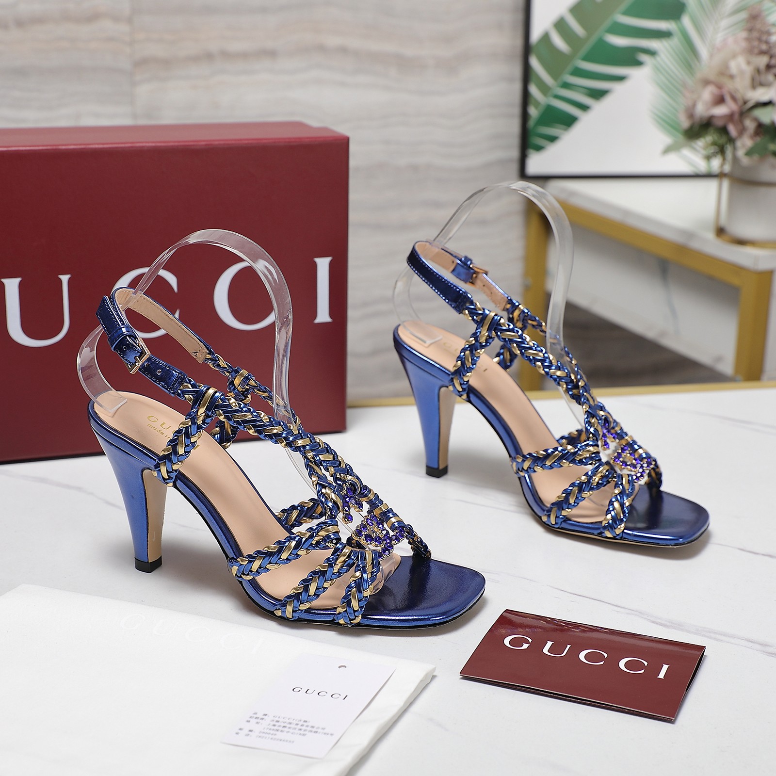 Gucci Crystal-Embellished Braided Strap Heeled Sandals,Blue, Elegant Design 5 a1746361012855 2358