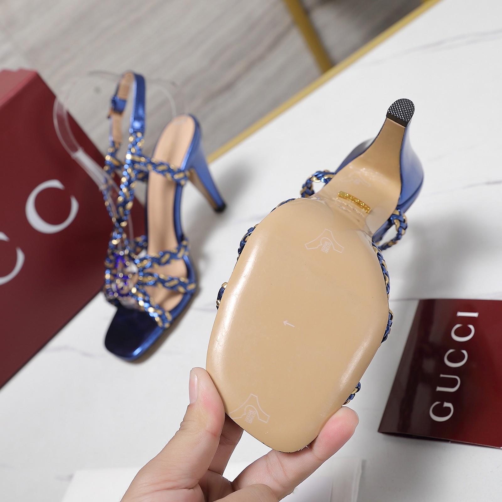 Gucci Crystal-Embellished Braided Strap Heeled Sandals,Blue, Elegant Design 7 a1746361014156 5660