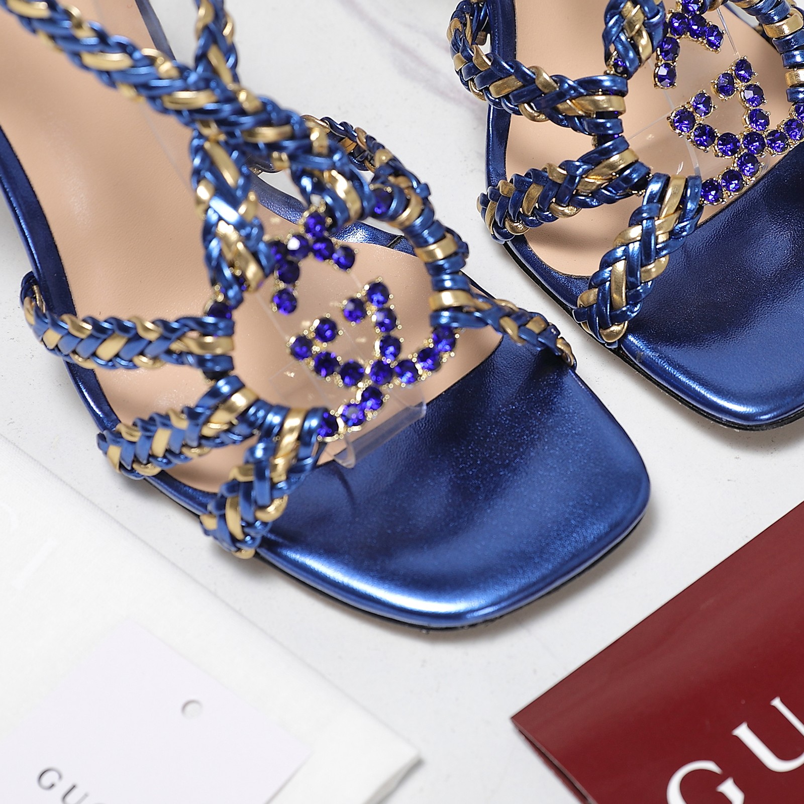 Gucci Crystal-Embellished Braided Strap Heeled Sandals,Blue, Elegant Design 8 a1746361014177 4622