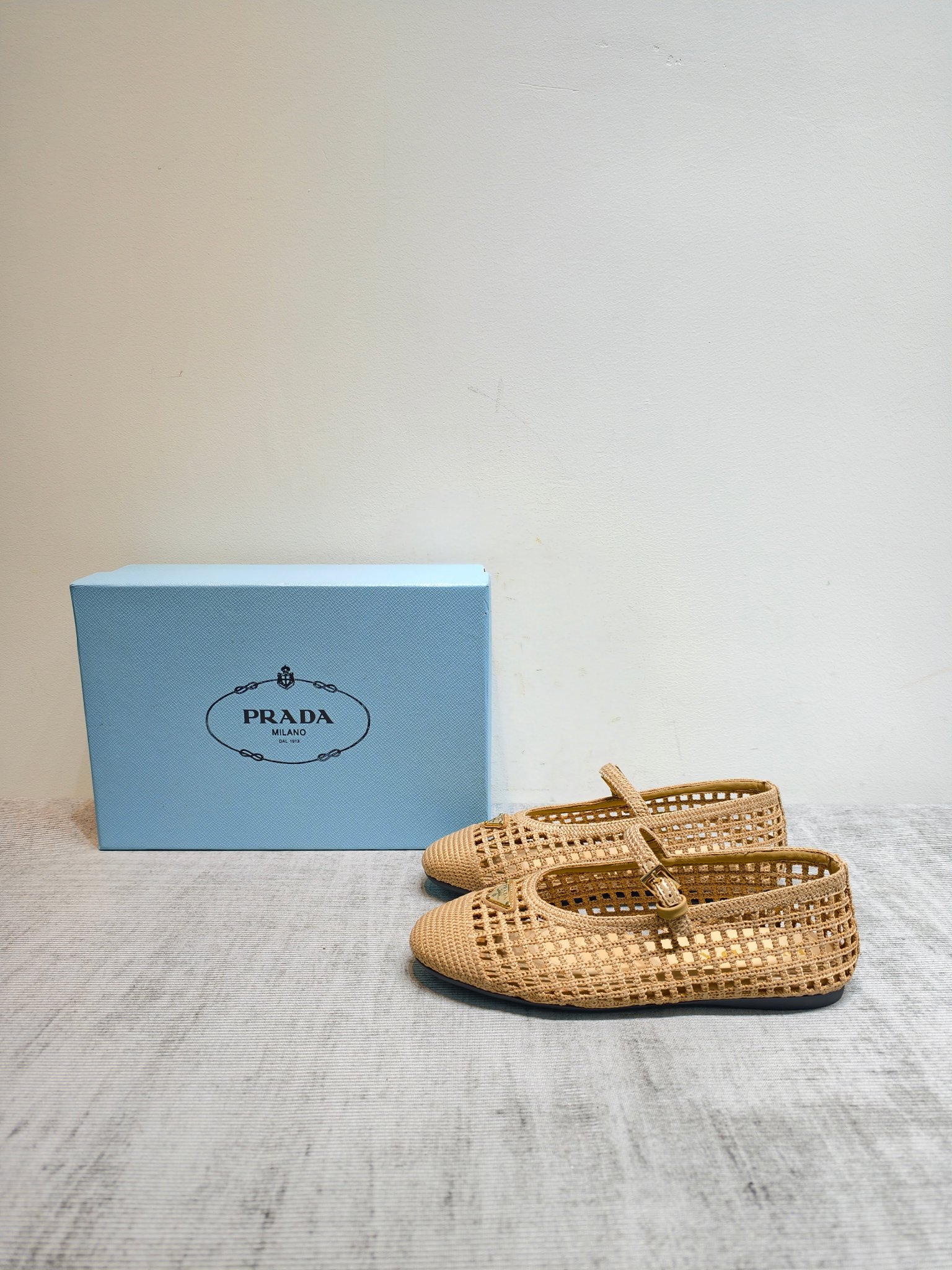 Prada Woven Raffia Mesh Mary Jane Flats
