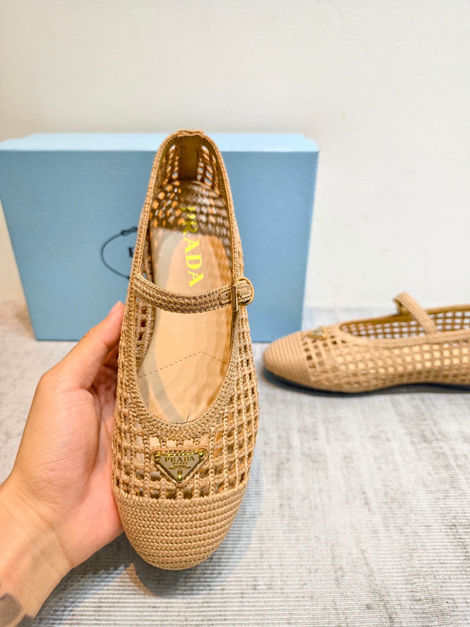 Prada Woven Raffia Mesh Mary Jane Flats