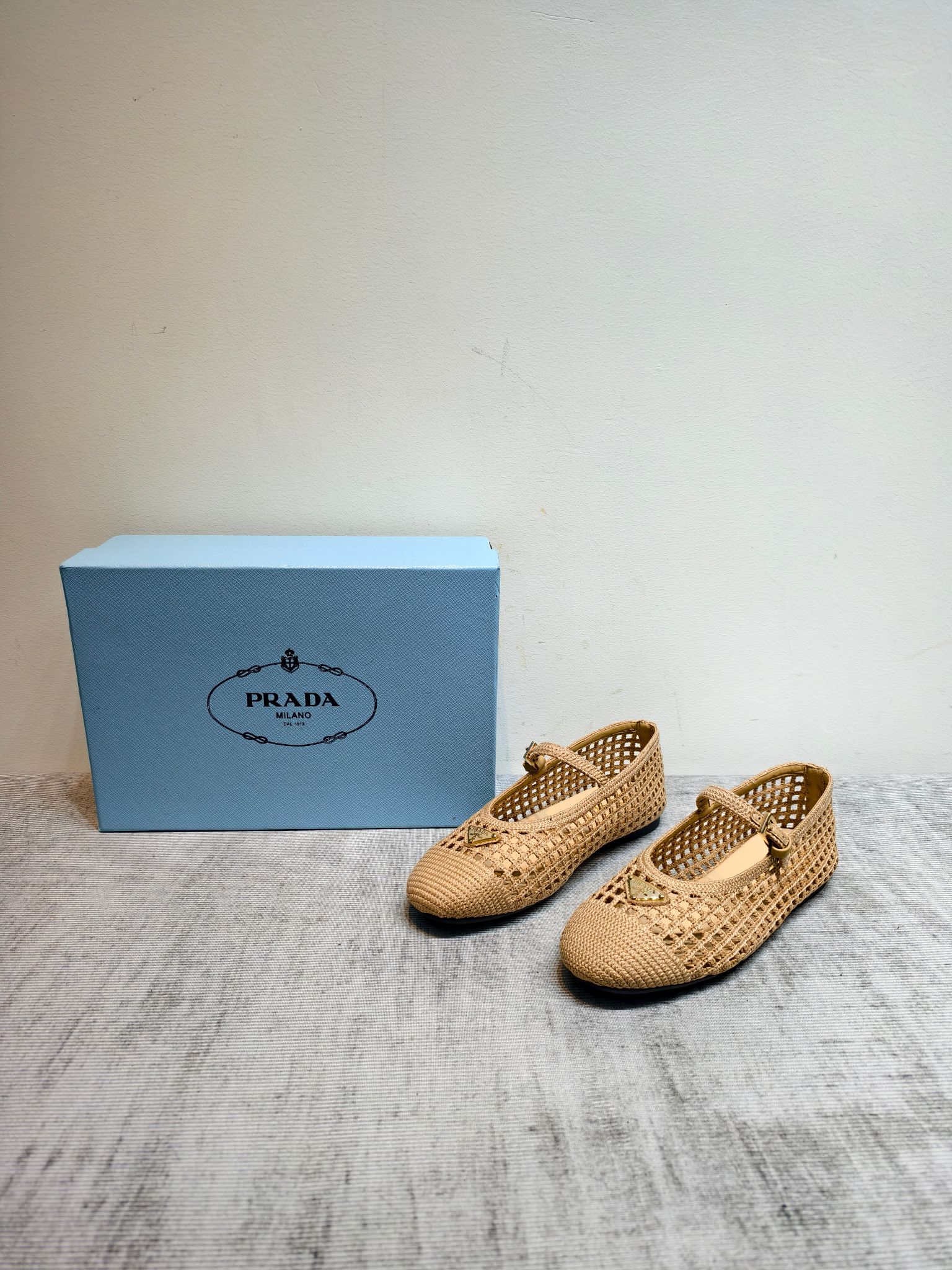Prada Woven Raffia Mesh Mary Jane Flats