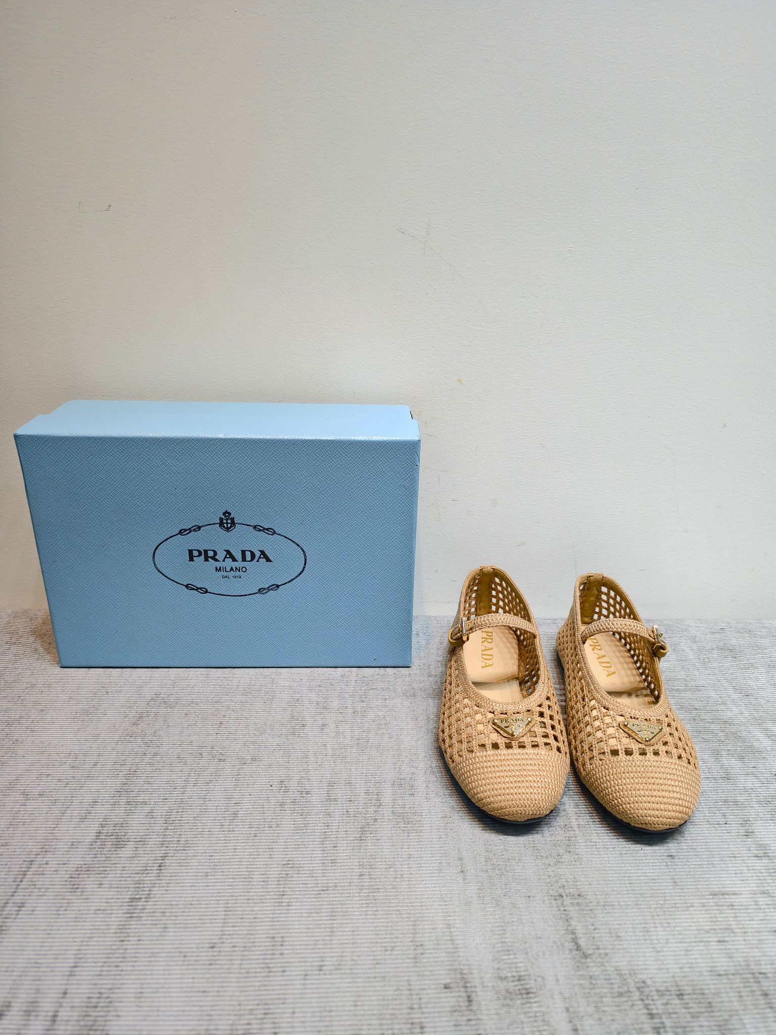 Prada Woven Raffia Mesh Mary Jane Flats