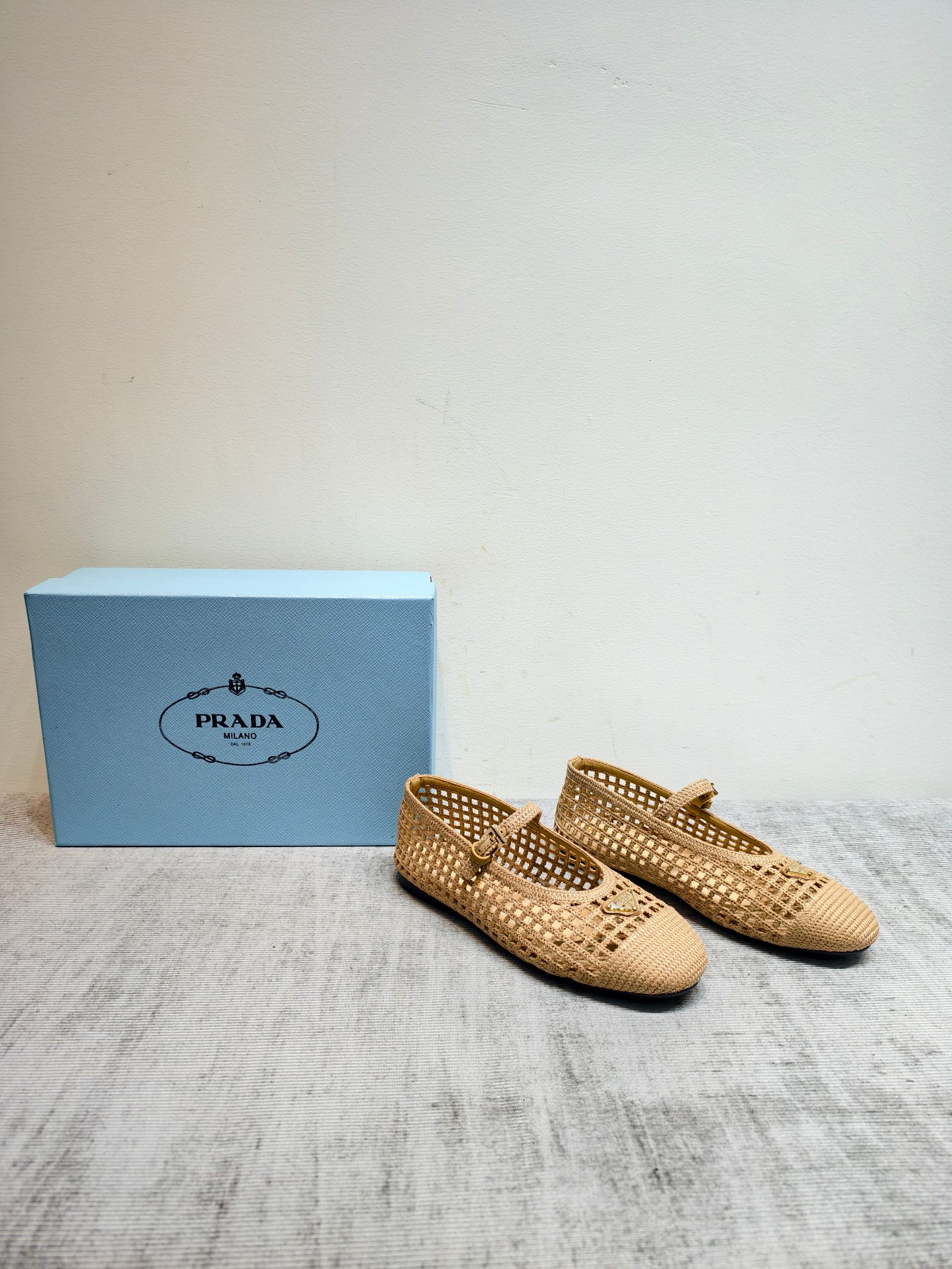 Prada Woven Raffia Mesh Mary Jane Flats