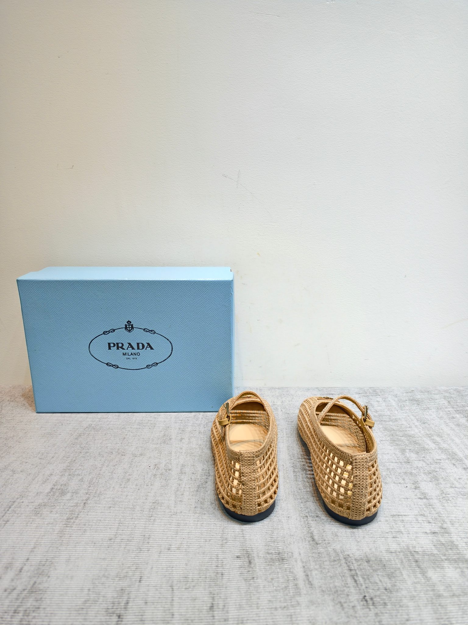 Prada Woven Raffia Mesh Mary Jane Flats