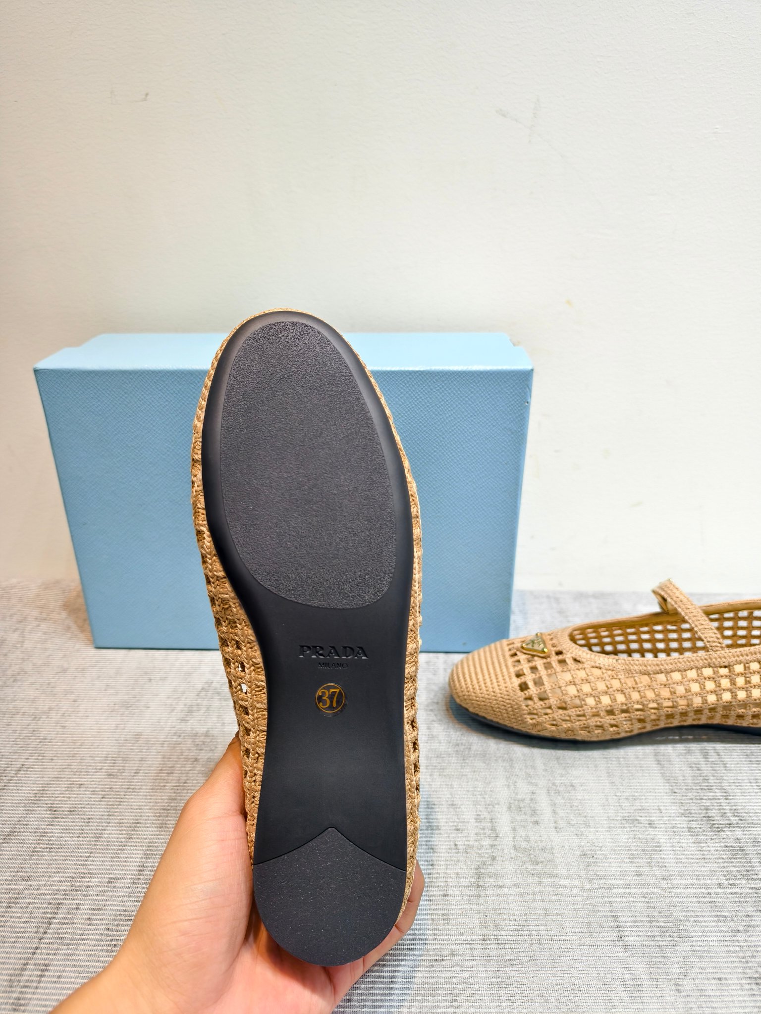 Prada Woven Raffia Mesh Mary Jane Flats