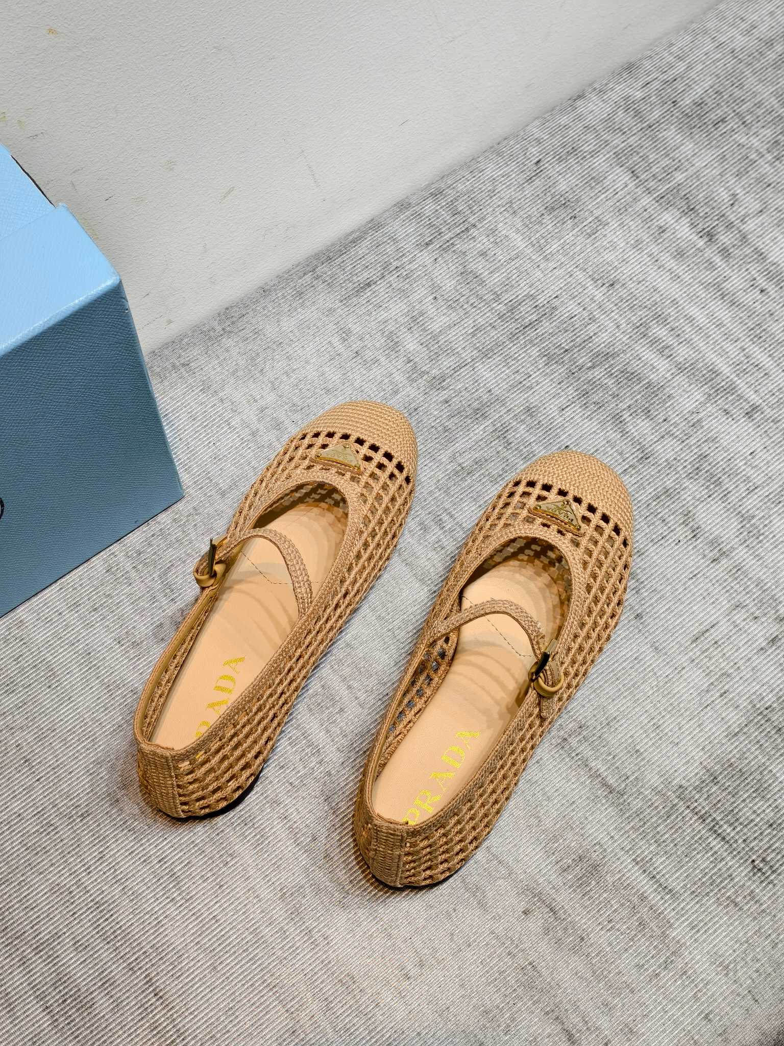 Prada Woven Raffia Mesh Mary Jane Flats
