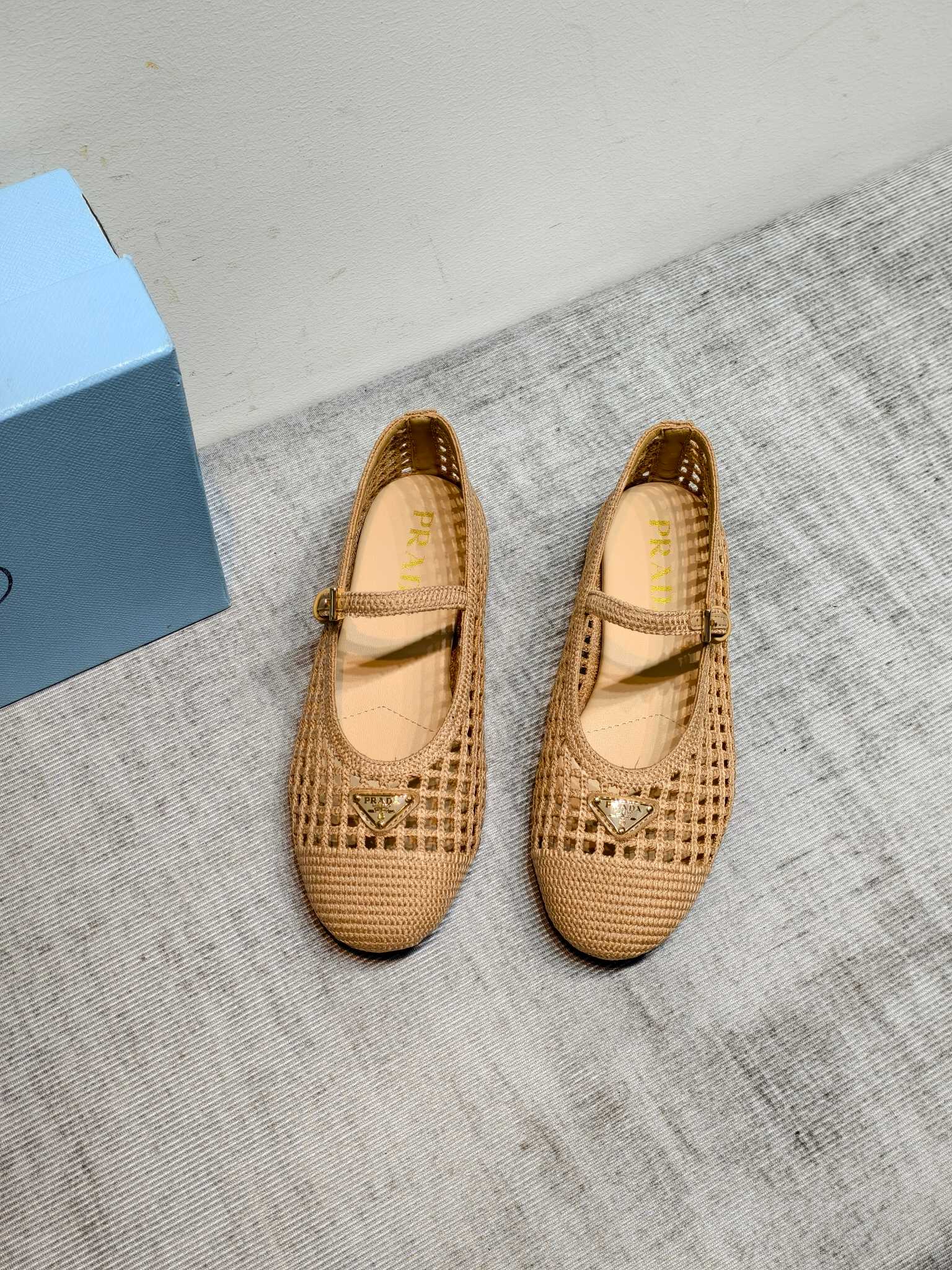 Prada Woven Raffia Mesh Mary Jane Flats