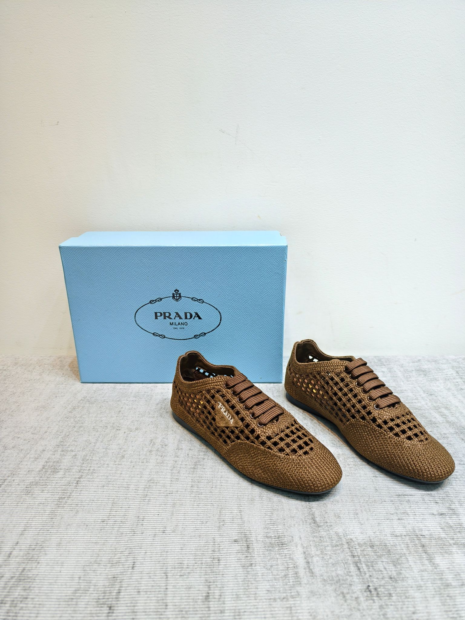 Prada Woven Mesh Lace-Up Flats