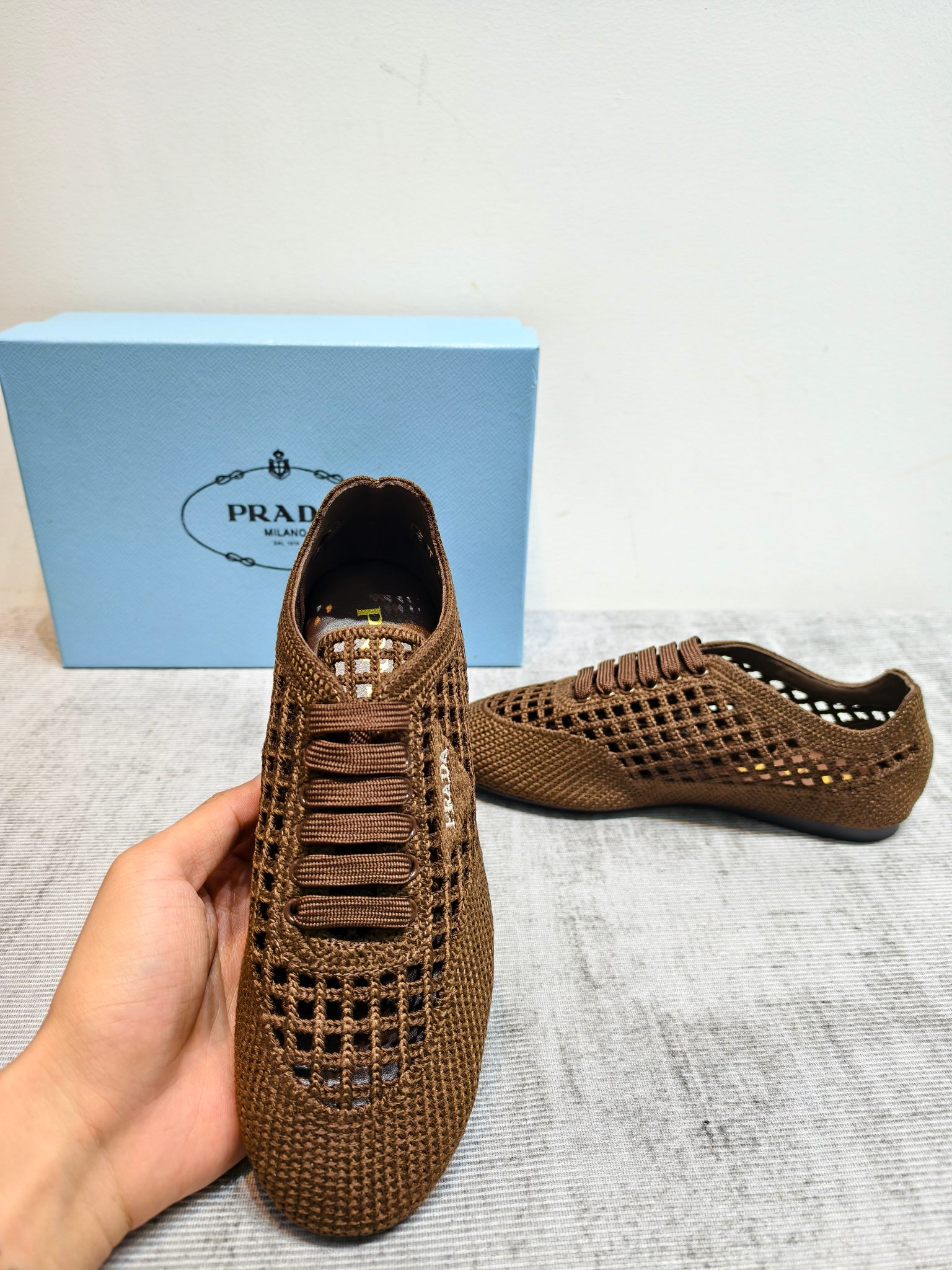 Prada Woven Mesh Lace-Up Flats