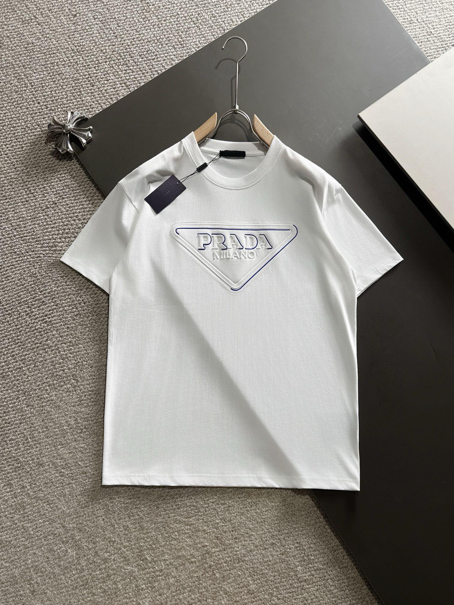 Prada Clothing T-Shirt Black White Unisex Spring Collection Short Sleeve