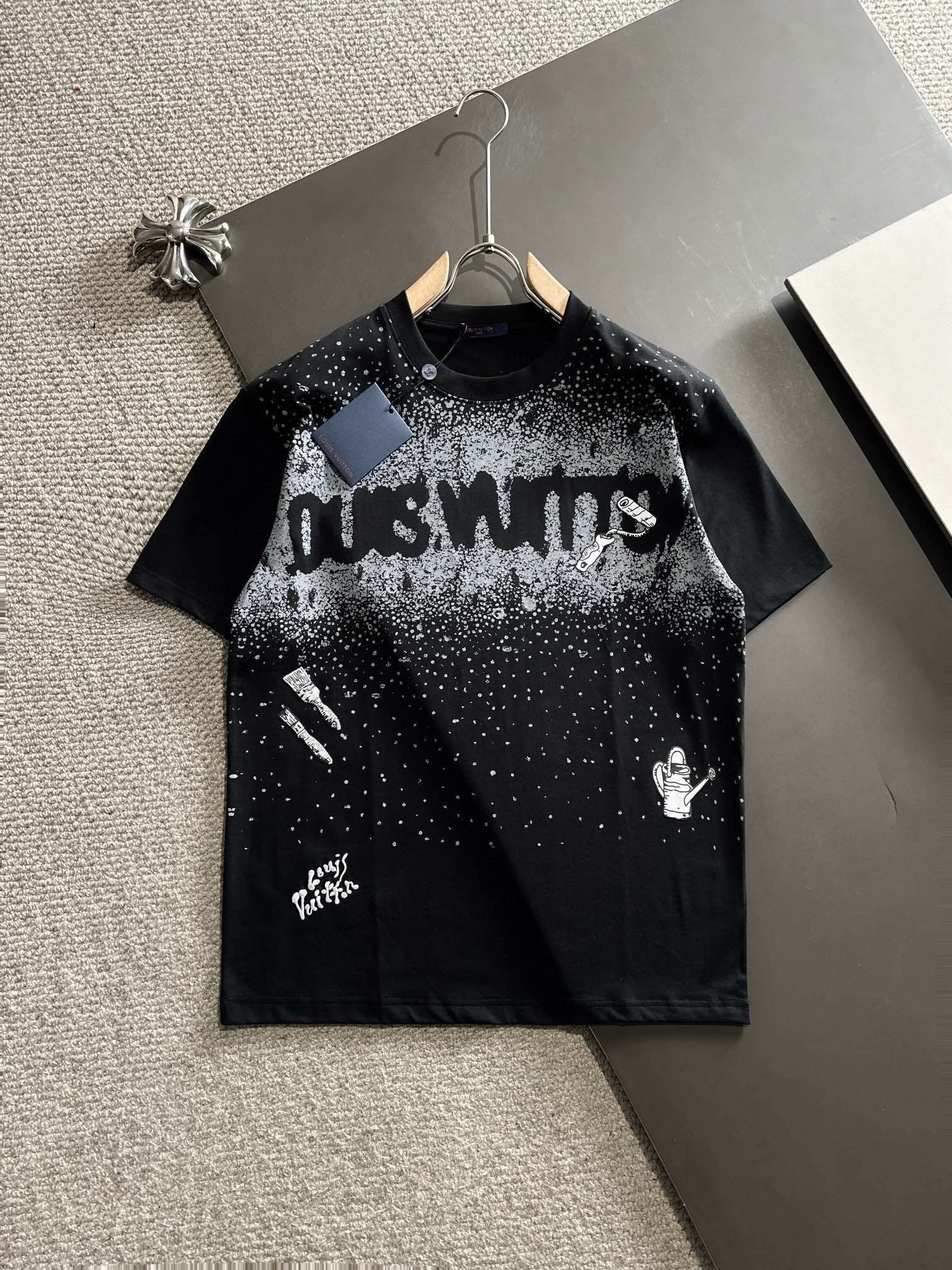 Louis Vuitton Clothing T-Shirt Black White Embroidery Unisex Spring Collection Short Sleeve