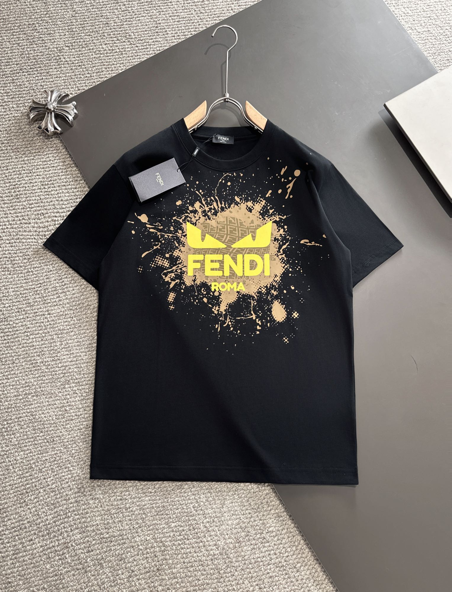 Fendi Clothing T-Shirt Black White Printing Unisex Spring Collection Short Sleeve