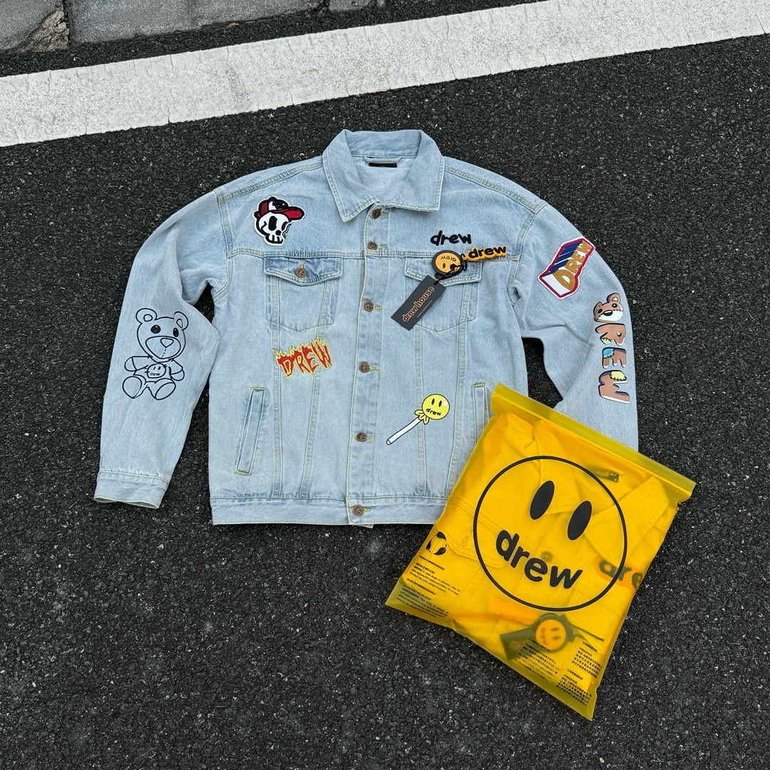 D373 Drew houes cara sonriente estilo Bieber oso estampado bordado dibujos animados letras pareja chaqueta va…