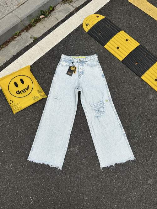 Drew House Distressed Wide Leg Jeans - Unisex Denim Pants with Smile Detail 1 Drew House Distressed Wide Leg Jeans – Unisex Denim Pants with Smile Detail