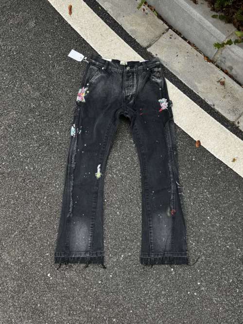 Gallery Dept. Black Splatter Denim Jeans Patched Flare Leg Distressed