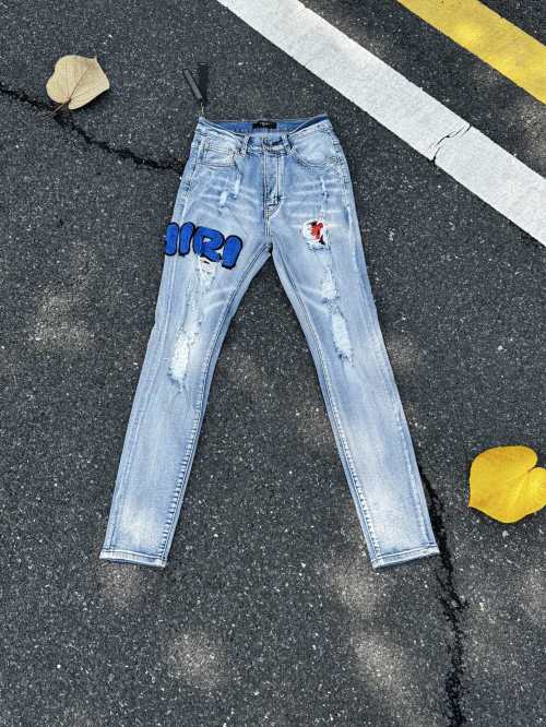 Amiri Embroidered Logo Distressed Denim Jeans - Slim Fit, Light Blue 1 Amiri Embroidered Logo Distressed Denim Jeans - Slim Fit, Light Blue