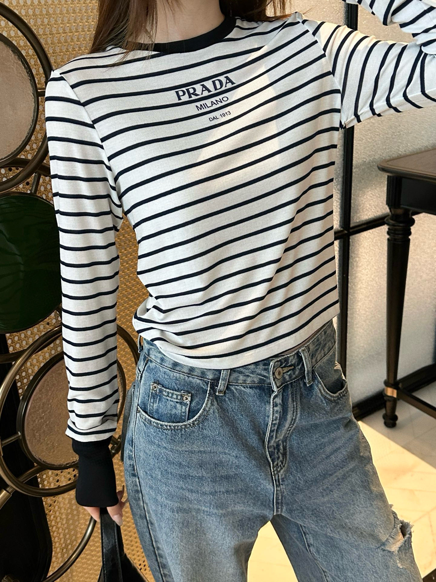 Prada Striped Long Sleeve T-Shirt Women's Slim Fit Casual Top