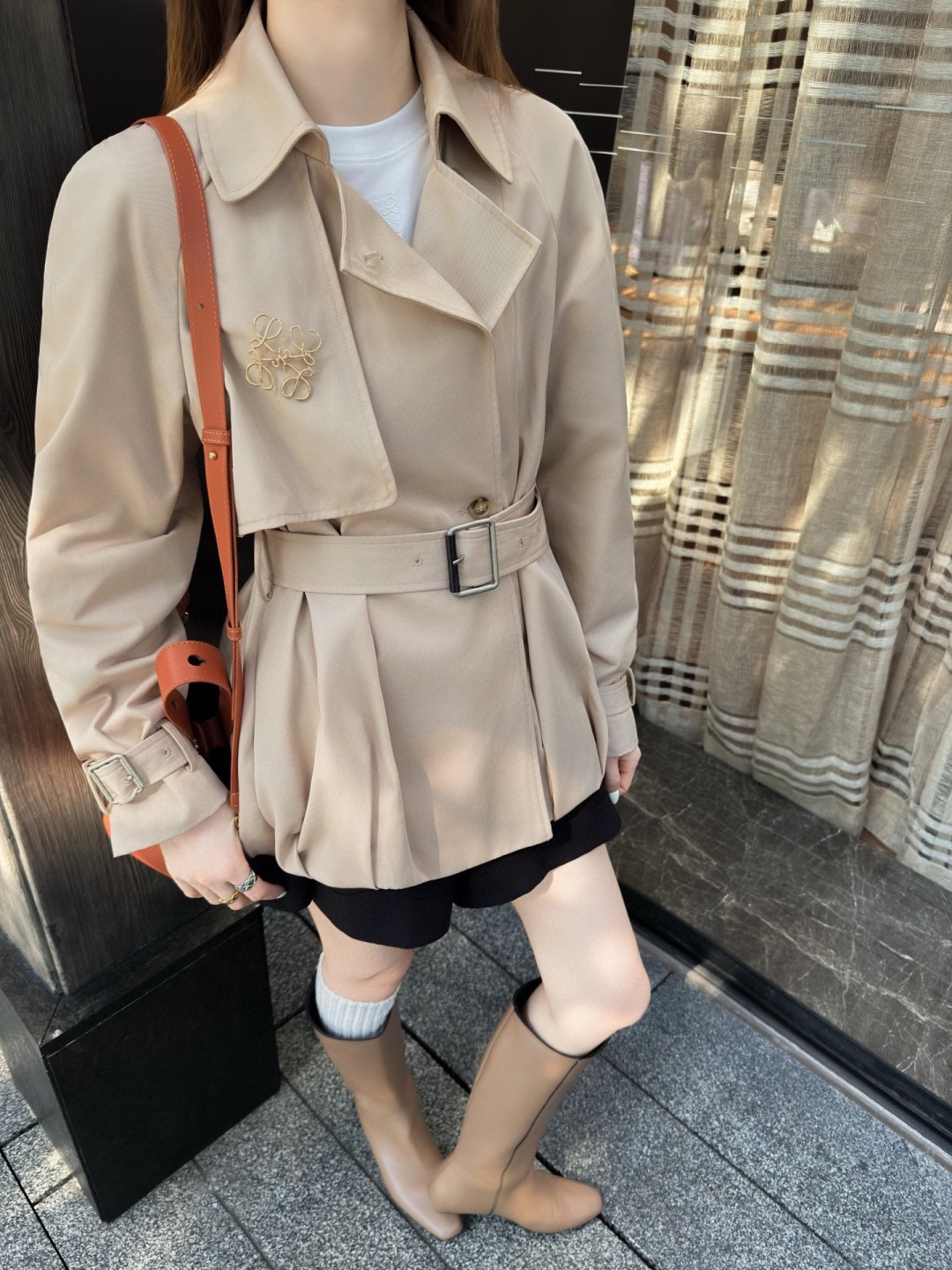 Loewe Cropped Trench Coat, Lapel Waist Belt Design, Slim Fit Outerwear