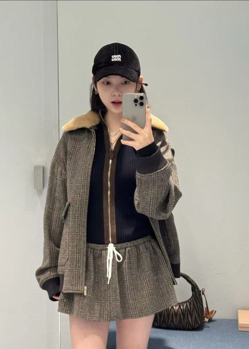 Miu Miu Wool Blazer Jacket & Plaid Skirt Set with Logo Patch Embroidery 1 Miu Miu Wool Blazer Jacket & Plaid Skirt Set with Logo Patch Embroidery