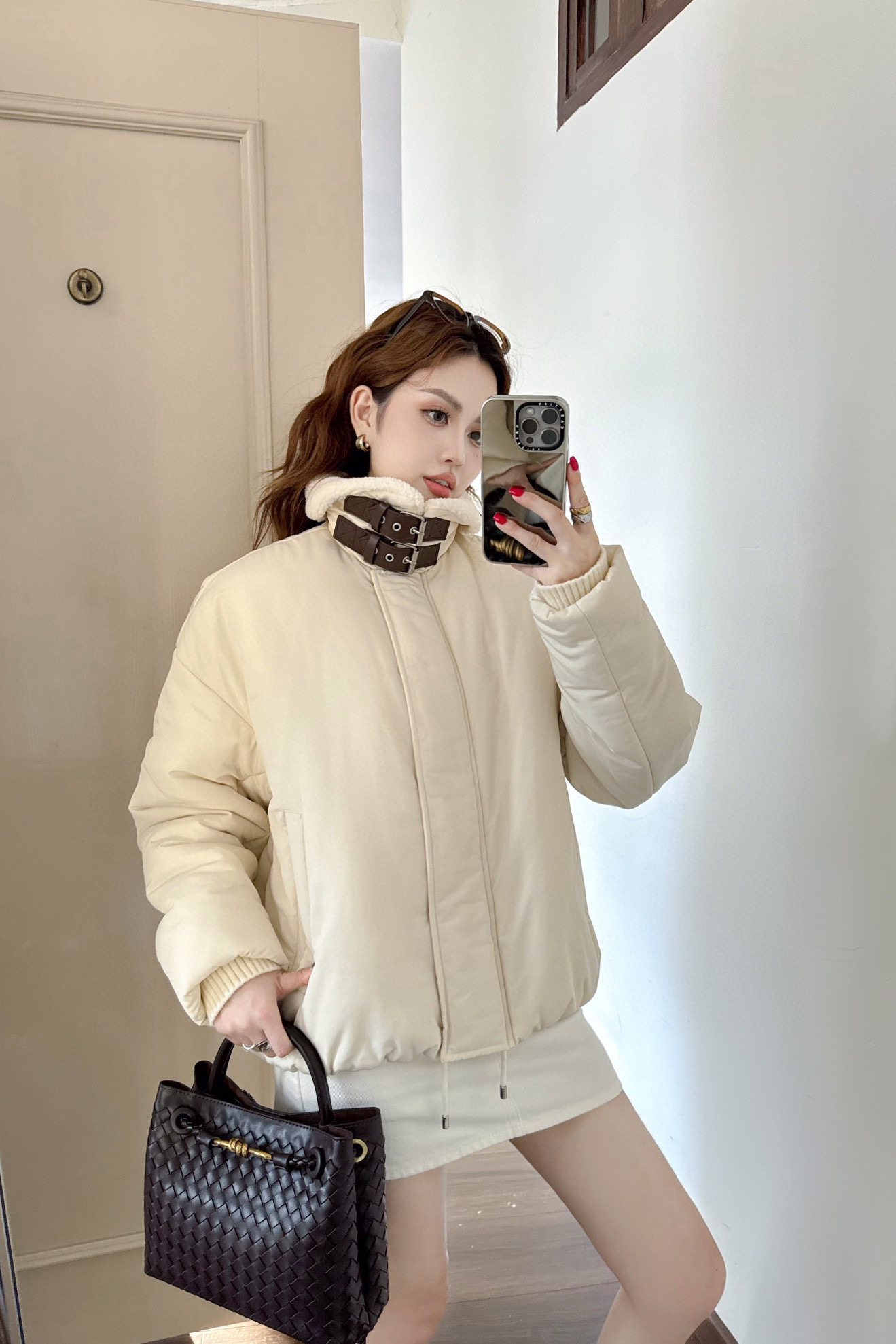 Lamb Wool Collar Cotton-padded Jacket Balloon Silhouette Design Cropped Loose Fit