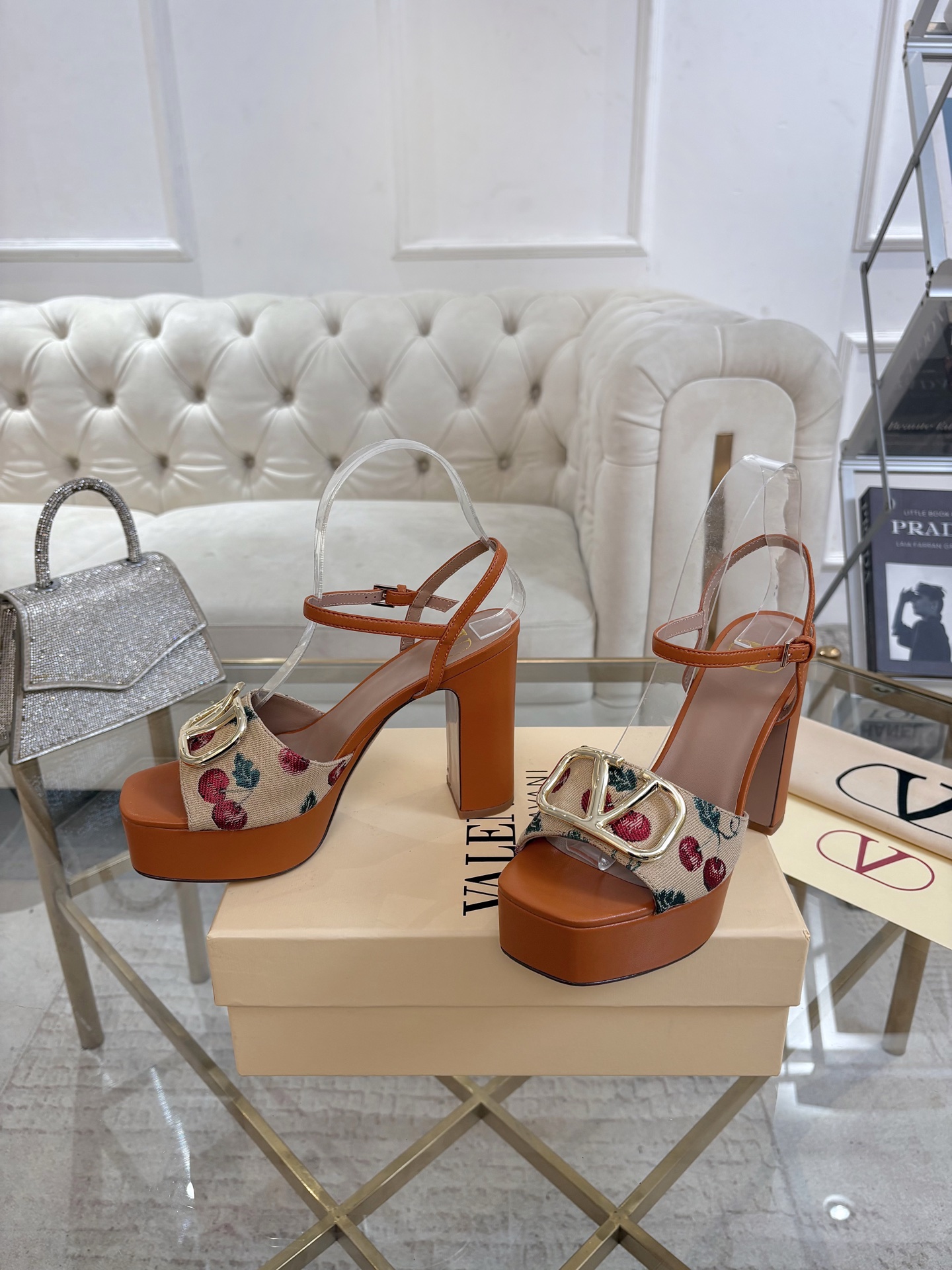 Valentino Tan Floral Platform Sandals
