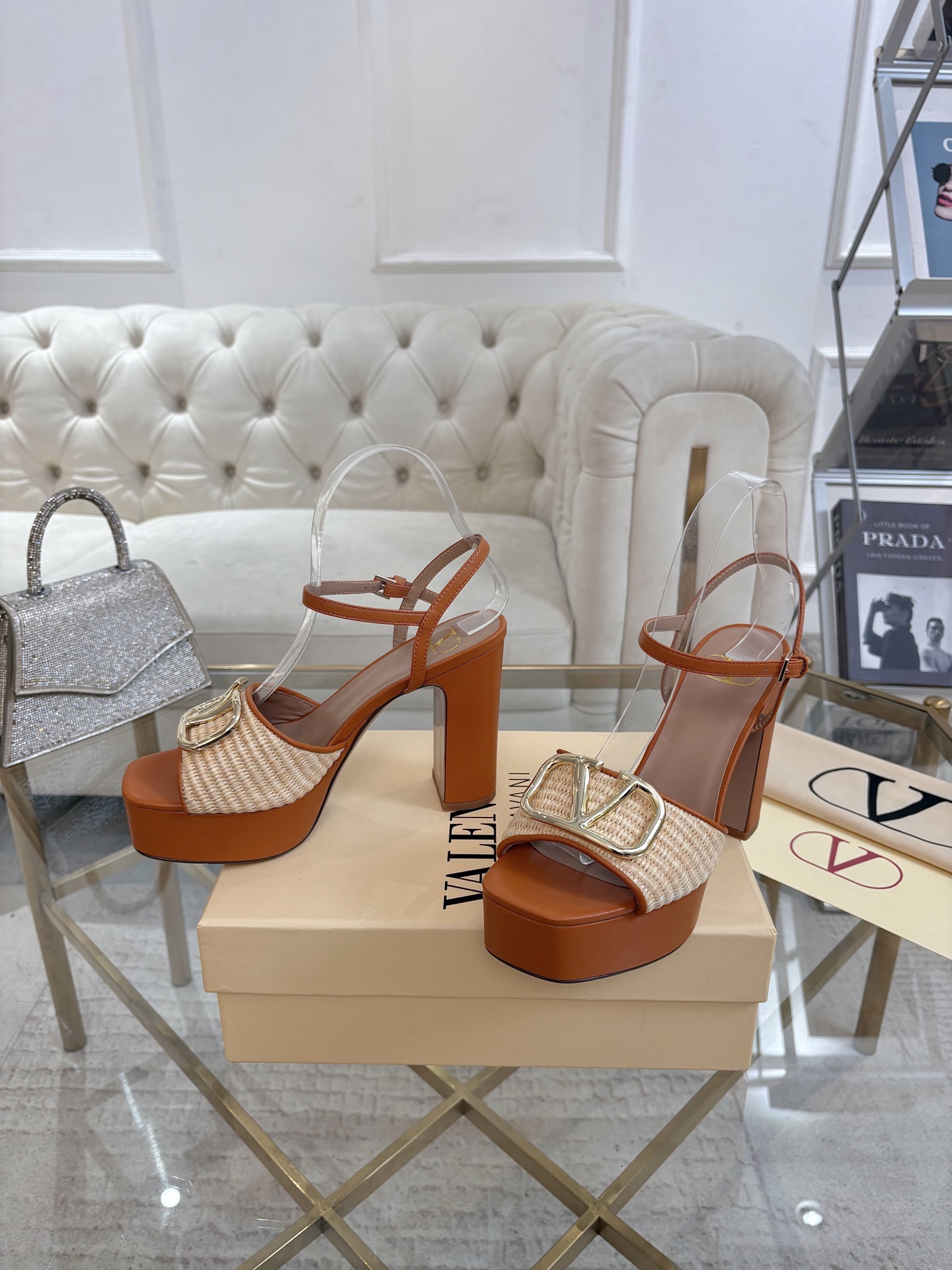 Valentino Tan Pleated Logo Platform Sandals