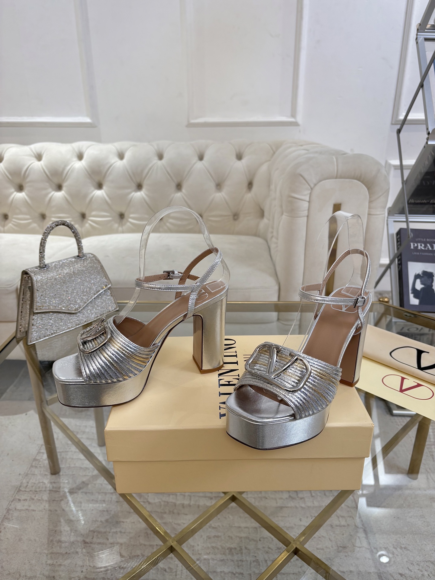 Valentino Silver Pleated Logo Platform Sandals