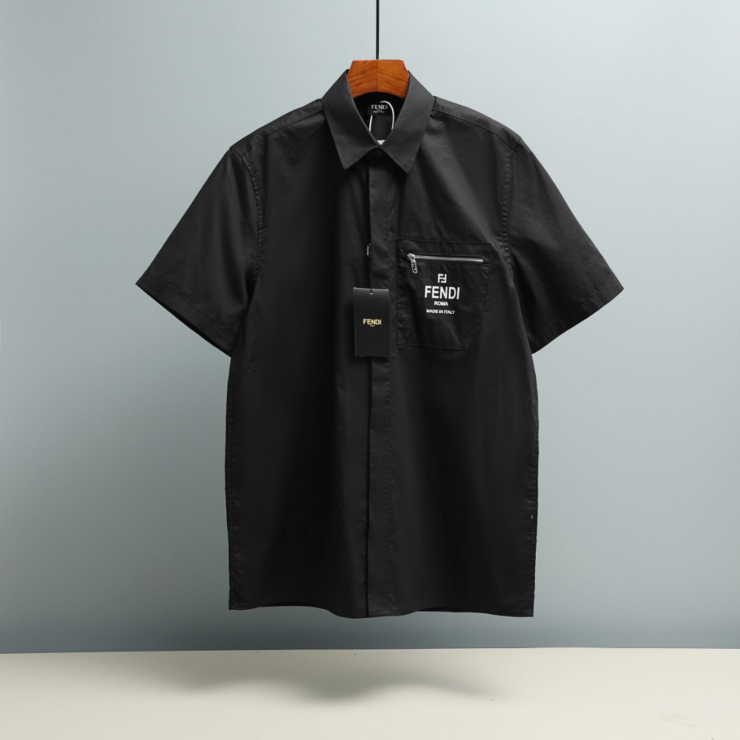 P105 FENDI/Fendi camisa de manga corta de primavera temprana, tela clásica personalizada de 40 hilos de sarga lisa imit…