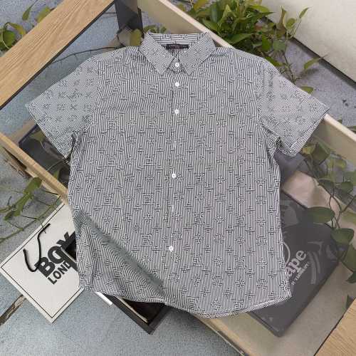 Striped Logo Pattern Short Sleeve Shirt, Casual Couple Style 1 Striped Logo Pattern Short Sleeve Shirt, Casual Couple Style