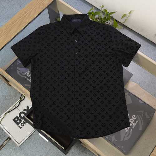 Louis Vuitton Flocked Logo Jacquard Short-Sleeve Shirt - Black, Couple Style 1 Louis Vuitton Flocked Logo Jacquard Short-Sleeve Shirt - Black, Couple Style