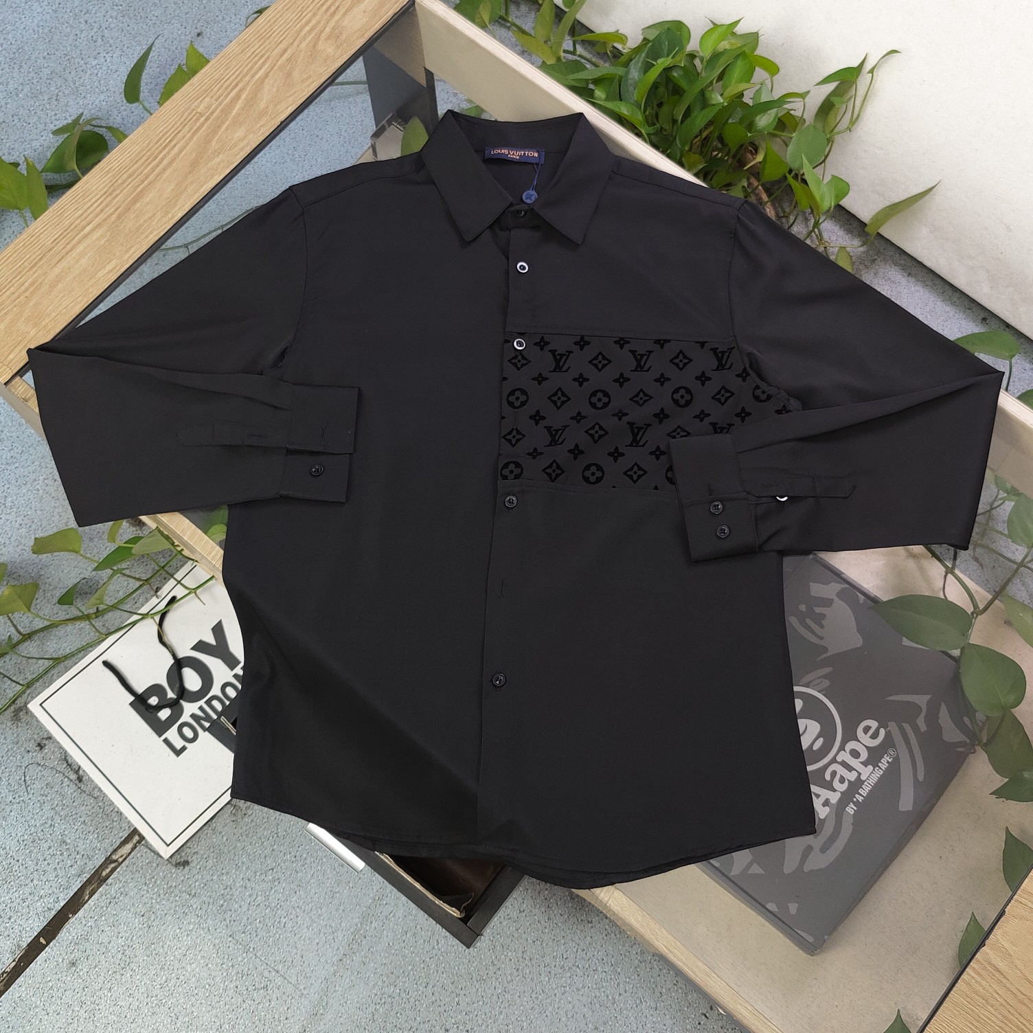 Louis Vuitton Black Casual Long Sleeve Shirt with Jacquard Logo Pattern