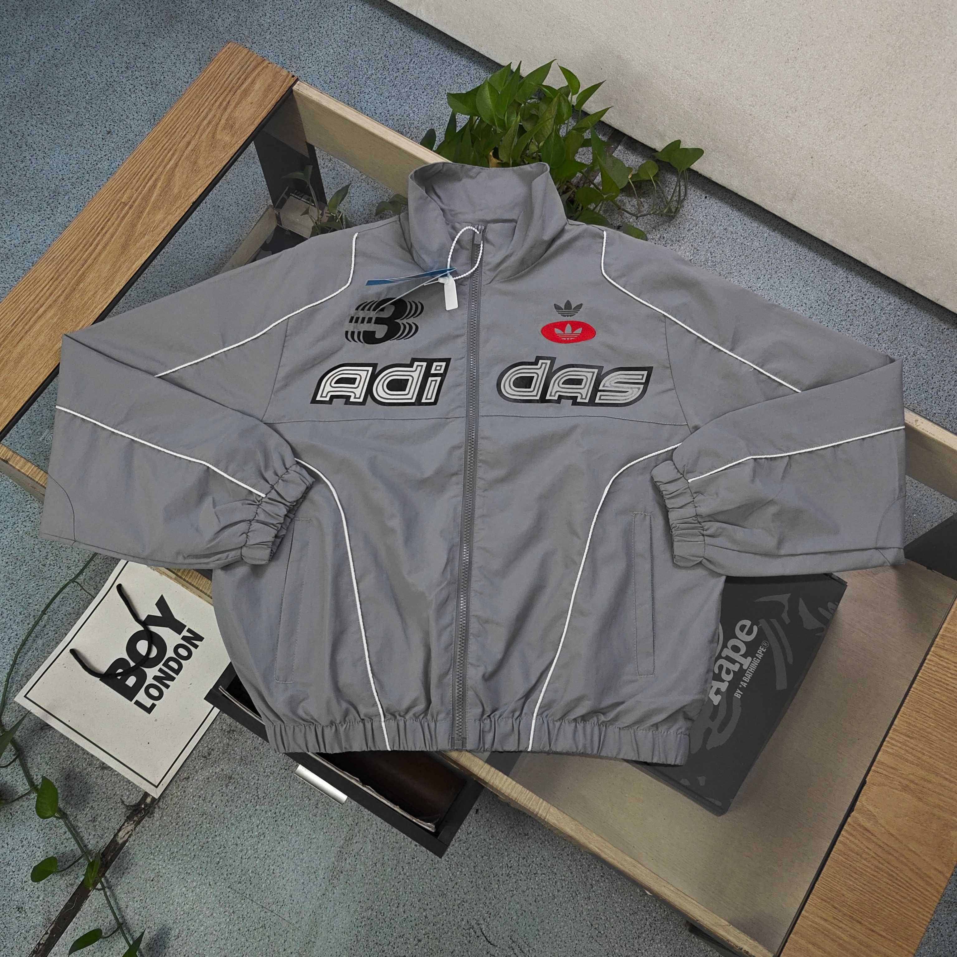 Adidas Retro Loose Fit Windbreaker Jacket, Long Sleeve, Gray, S-XXL