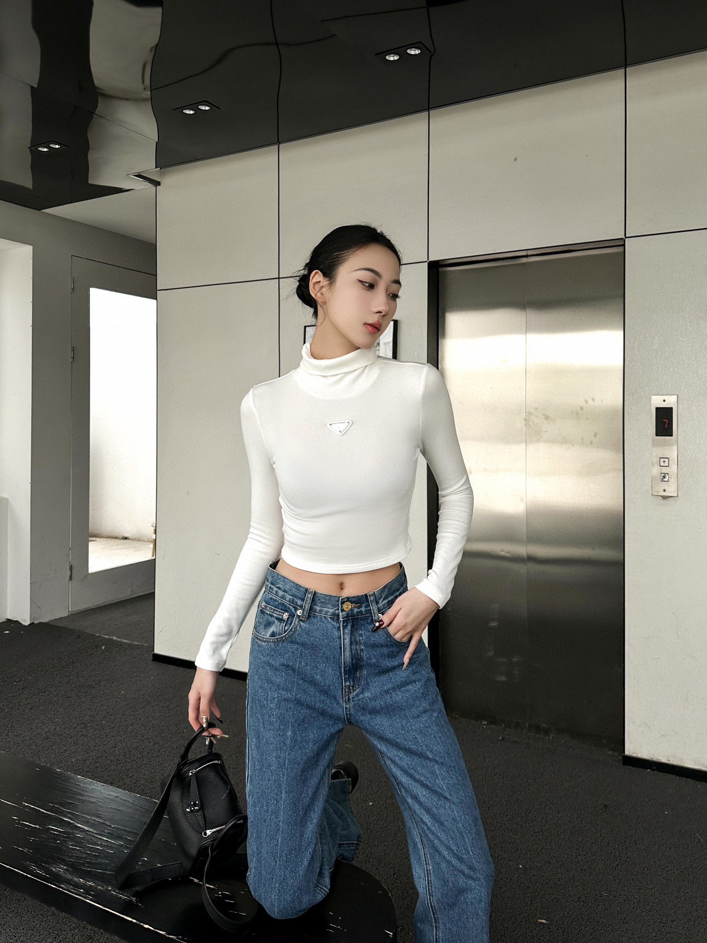 Prada Women's Slim Fit Long Sleeve Turtleneck T-Shirt Top