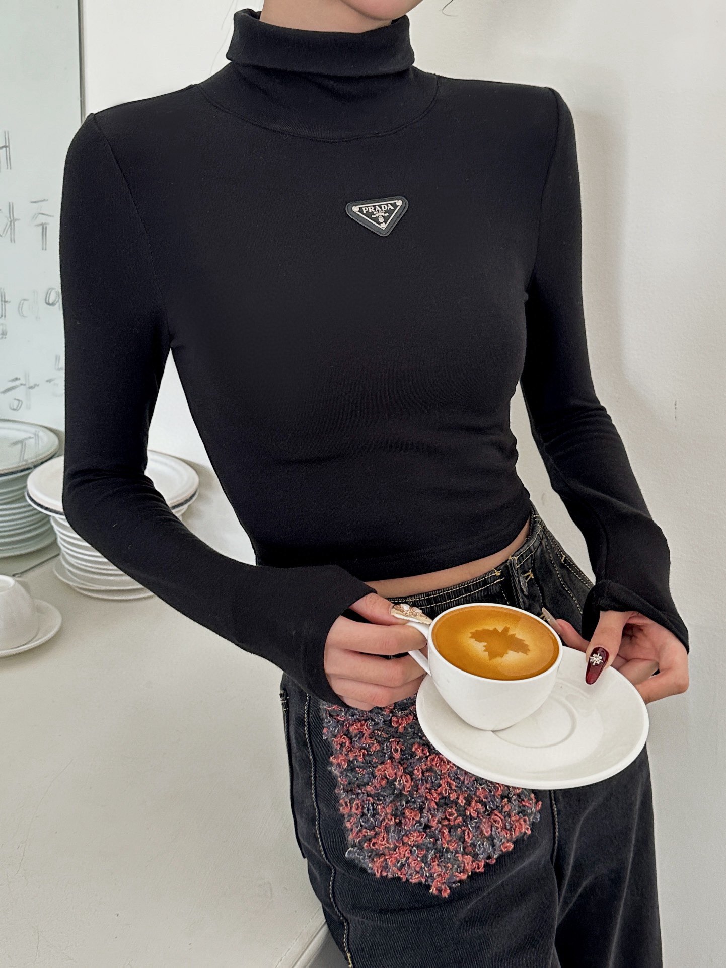 PRADA Women's Slim Fit Turtleneck Top with Classic Logo - Elegant and Chic