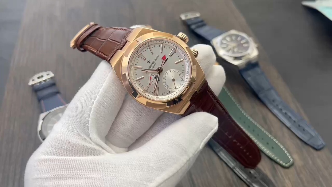 Vacheron Constantin Overseas Dual Time Rose Gold Brown Leather Band Watch