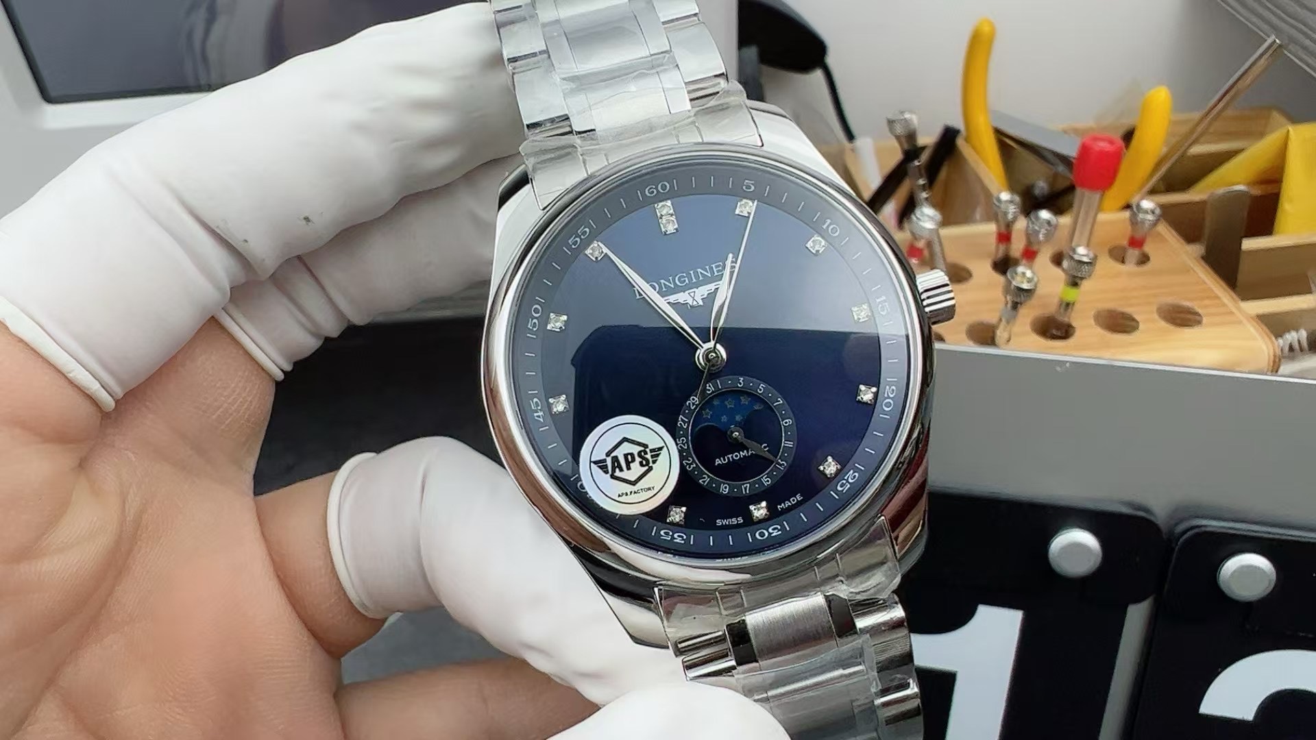 NO:156990,AS Factory Longines famous craftsman dial blue face moon phase, longines19860909AS工厂 浪琴名匠钻丁蓝面月相,,longines,Watch