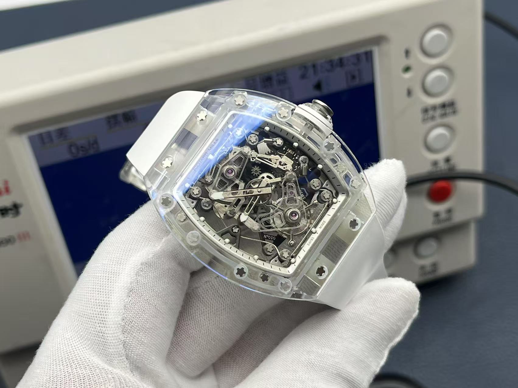 NO:157495,EUR Factory wall crack recommendation V4 upgraded version Latest masterpiece Top artifact Richard Demiller RM056-Snow Glazed!  The most exciting replica tourbillon watch!  Shock is coming!  1. Based on the million-level authentic Richard Demiller, the EUR tourbillon movement is customized according to Swiss standards. The first tourbillon movement customized by Swiss standards in the market, Richard Miller with the highest reduction degree. 2. In-depth research on the case material of the original RM056, the weight of the aviation titanium metal is lighter than that of ordinary titanium shell watches 30. The case lock structure is highly restored to the authentic level!  3 top imported Indonesian rubber straps, designed according to the real Richard Demiller straps. EUR Factory pays tribute to you who are omnipotent. Welcome all watch friends to taste it!  ,19860909EUR Factory墙裂推荐 V4升级版 最新力作 顶级神器 理查.德米勒RM056-雪琉璃！最劲爆的复刻陀飞轮腕表！震撼来袭！ 1根据百万级正品理查.德米勒为基础,按瑞士标准订制的EUR陀飞轮机芯.市场第一款瑞士标准订制的陀飞轮机芯,还原度最高的理查德米勒. 2深度研究原厂RM056的表壳材质,采用航空钛金属重量比普通钛壳表轻30.表壳锁毕结构高度还原正品水准！ 3顶级印尼进口橡胶表带,根据真正的理查.德米勒表带设计. EUR Factory以无所不能,致敬无所不能的您,欢迎各位表友品鉴！,,Watch