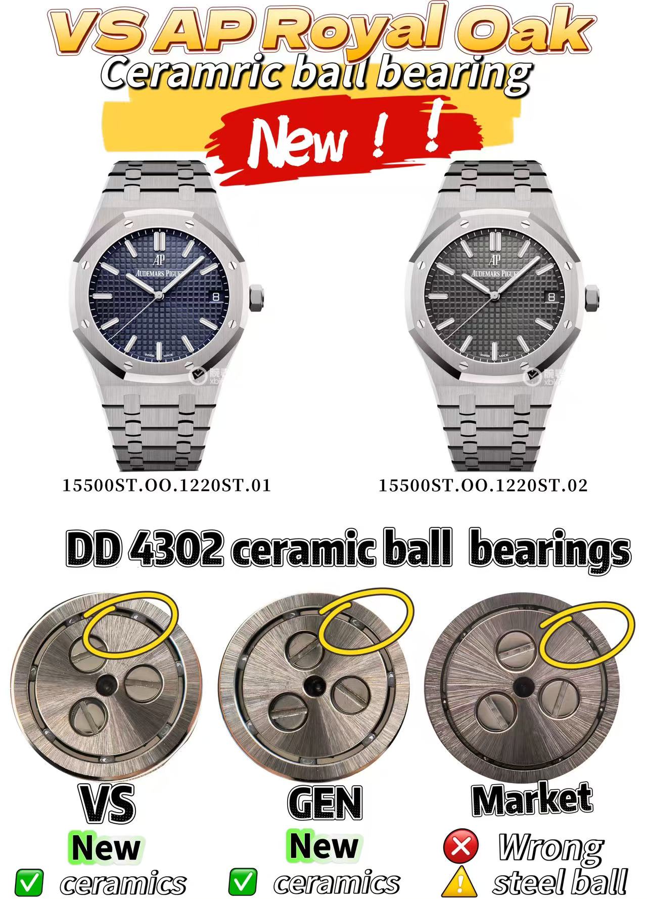 NO:670361,VS A's annual hot model Dandong 4302 integrated movement (the latest ceramic ball bearing version) is on pre-sale!  1 The Dandong 4302 integrated movement is developed according to the latest original version (ceramic ball bearings) 2 The similarity of the checkerboard texture shape of the VS dial is increased to more than 95 of the original version, and the gloss is exquisite 3 The length of the strap is the same as the original version of 23 sections (24 sections for non-market) 4 VS head grain droop is consistent with the original version (head grain droop) 5VS has high precision, and the width of the hour and minute hand needles is the same as the original version (the non-market version is too wide)  6VS is consistent with the original version, the luminous texture is grainy, and the calendar font is warm yellow. 7 The details of the steel belt are consistent with the original version, the screw holes are sunk, and the 'AP' feet look like sea lion feet (see the picture for details).19860909VS A年度爆款丹东4302一体机芯（最新陶瓷滚珠轴承版）预售！ 1 丹东4302一体机芯按最新原版开发（陶瓷滚珠轴承） 2VS表盘棋盘方格纹理形状相似度提升至原版的95以上 光泽细腻 3 表带长度与原版一致23节（非市场24节） 4 VS头粒下垂与原版效果幅度一致（头粒下垂） 5VS精密度高,时针分针针头宽度与原版一致（非市场做太宽了） 6VS与原版一致夜光有颗粒感、日历字体暖黄色. 7钢带细节与原版一致,螺丝孔下沉,“AP”字脚像海狮脚（具体看图）,,Watch