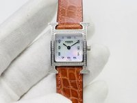 Hermes Watch Blue Pink Set With Diamonds Calfskin Cowhide Crocodile Leather Fall/Winter Collection Quartz Movement Alligator Strap