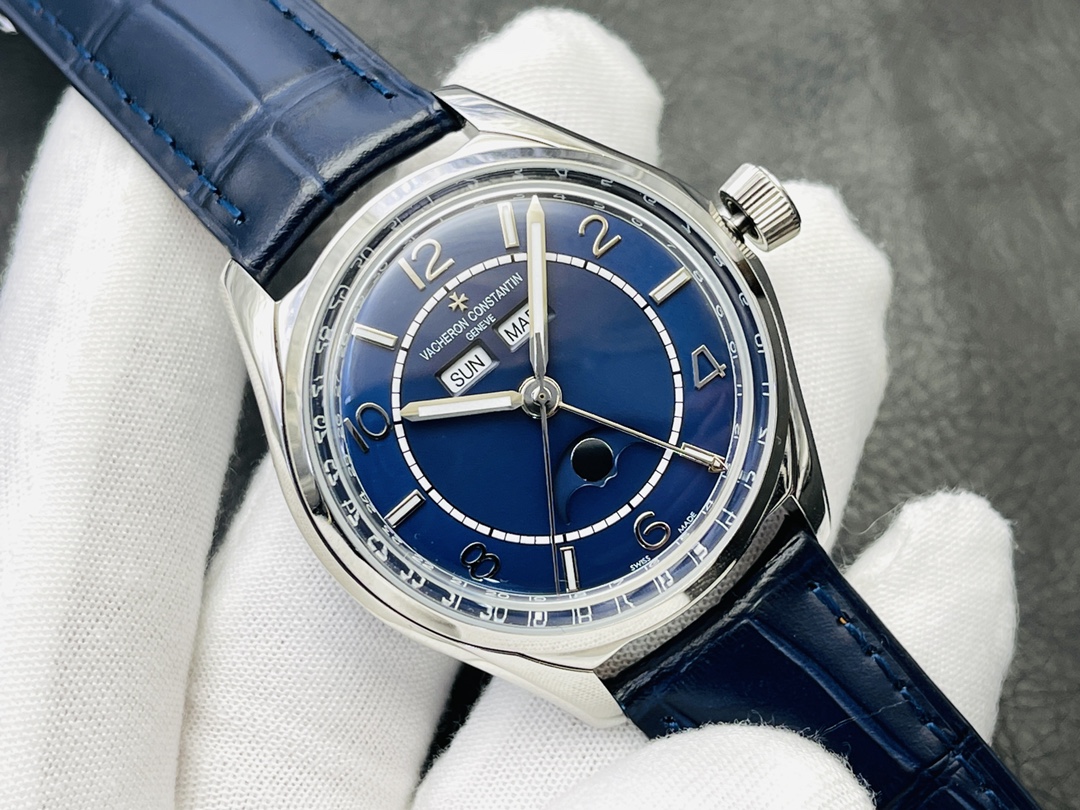 Vacheron Constantin Fiftysix Orologio da Polso Blu Platino Bianco Lucidatura Pelle di vitello bovina Vintage Cinturino in pelle