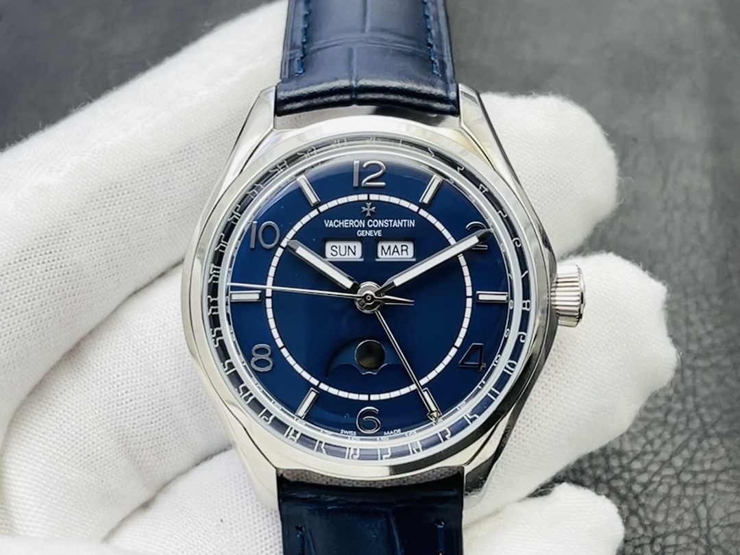 Vacheron Constantin Fiftysix Orologio da Polso Blu Platino Bianco Lucidatura Pelle di vitello bovina Vintage Cinturino in pelle