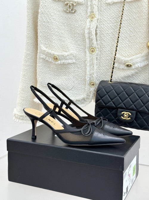 Chanel Vintage Slingback Heels with Bow Detail, Black Leather Pointed Toe 1 Chanel Vintage Slingback Heels with Bow Detail, Black Leather Pointed Toe