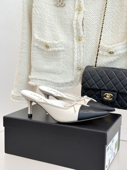 Chanel Vintage Two-Tone Leather Bow Heeled Mules, Pointed Toe, Women Shoes 1 Chanel Vintage Two-Tone Leather Bow Heeled Mules, Pointed Toe, Women Shoes